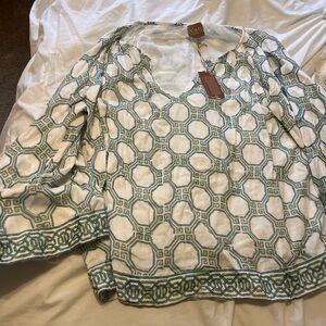 Victoria Dunn Geometric Green and White Blouse